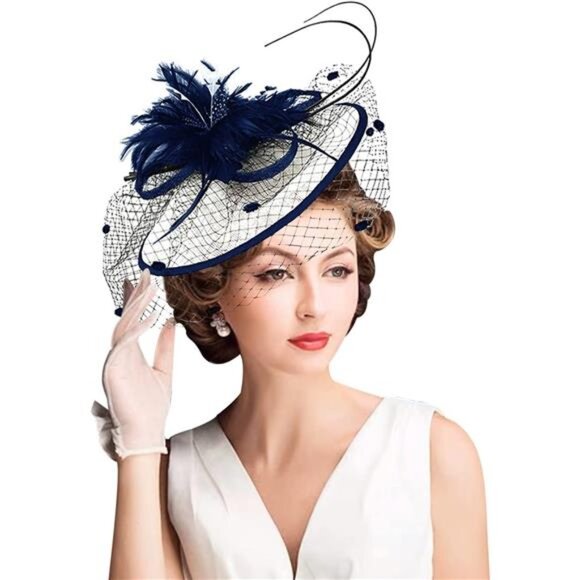 Sinamay Fascinator Hat Floral 002- Navy Blue White